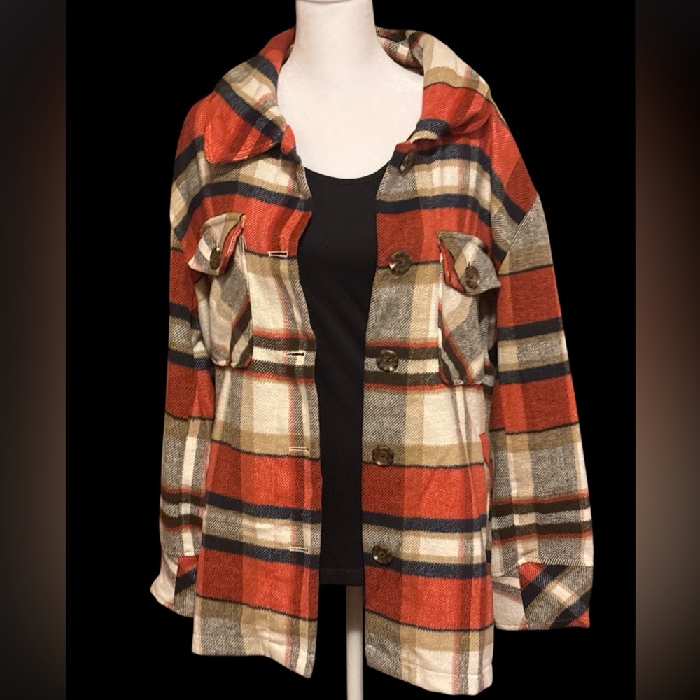 Kensie Plaid Utility Jacket - Red, Black, Cream